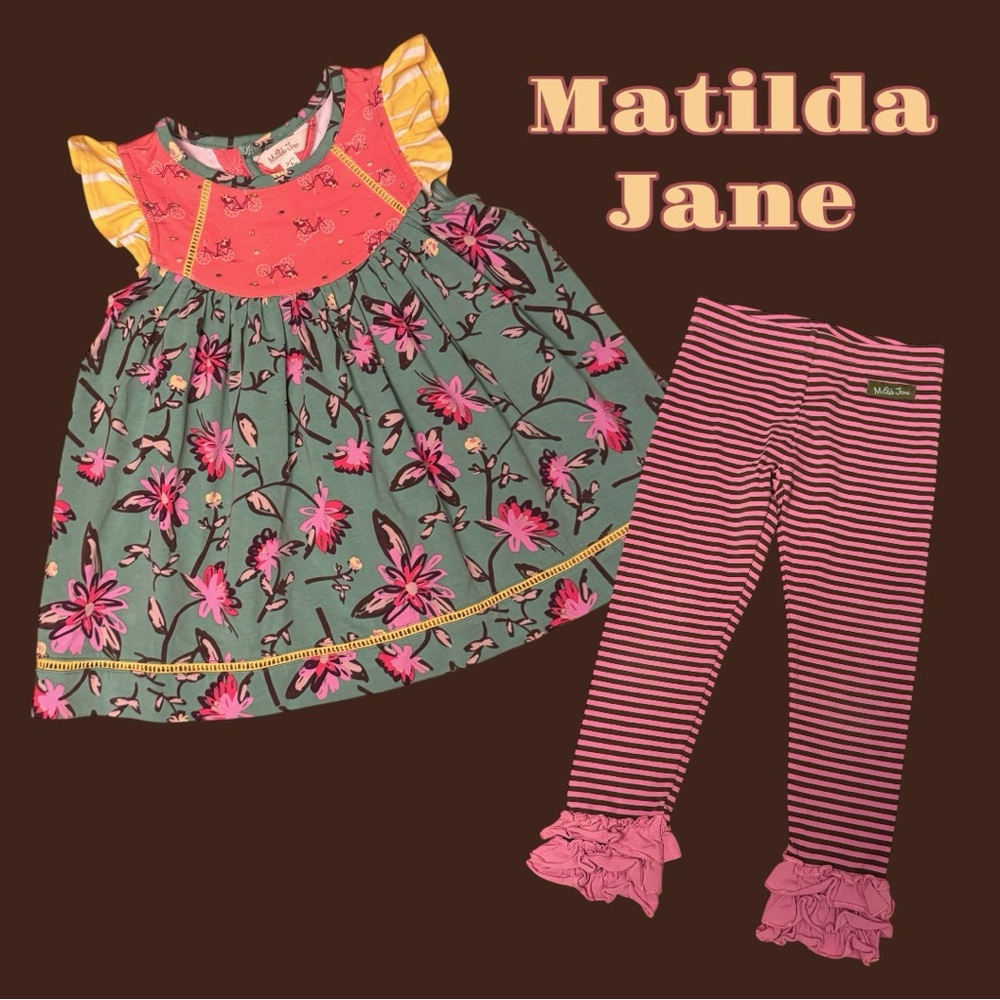 Matilda Jane Sights to See Tunic Bicycle Floral & Striped Ruffle Leggings Set